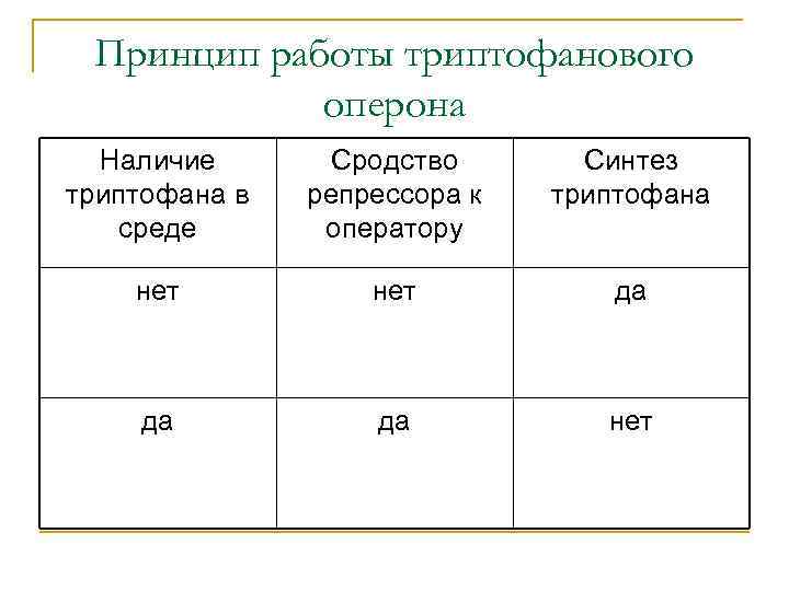 Принцип работы триптофанового оперона Наличие триптофана в среде Сродство репрессора к оператору Синтез триптофана