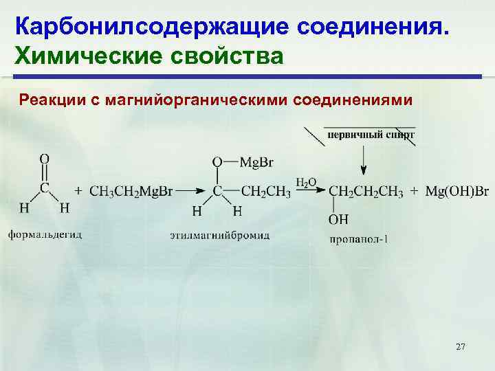 Карбонилсодержащие соединения. Химические свойства Реакции с магнийорганическими соединениями 27 