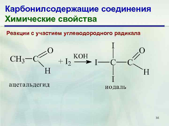 Карбонилсодержащие соединения Химические свойства Реакции с участием углеводородного радикала 36 