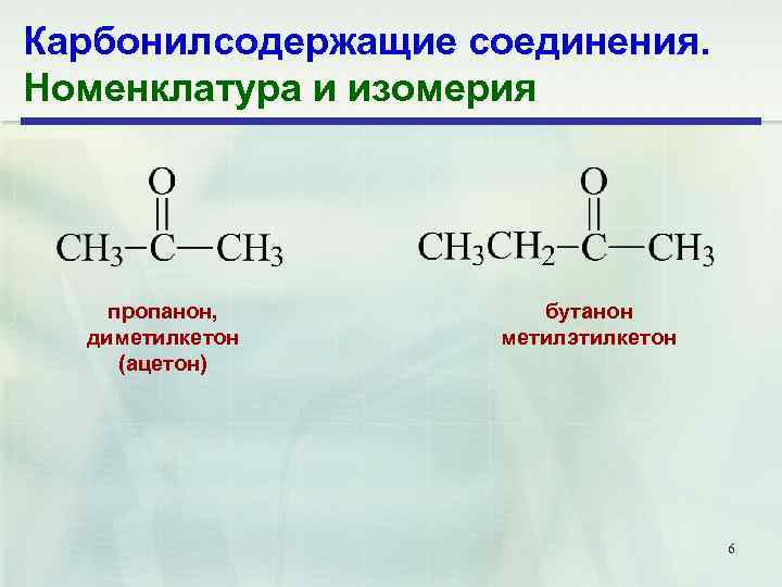 Карбонилсодержащие соединения. Номенклатура и изомерия пропанон, диметилкетон (ацетон) бутанон метилэтилкетон 6 