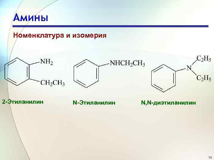 Амины Номенклатура и изомерия 2 Этиланилин N, N диэтиланилин 12 