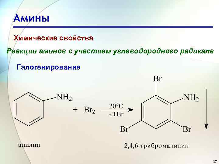 Амины Химические свойства Реакции аминов с участием углеводородного радикала Галогенирование 27 