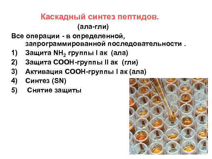  Каскадный синтез пептидов. (ала-гли) Все операции - в определенной, запрограммированной последовательности. 1) Защита