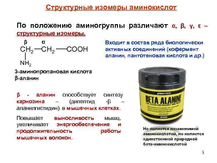 Структурные изомеры аминокислот По положению аминогруппы различают α, β, γ, ε – структурные изомеры.