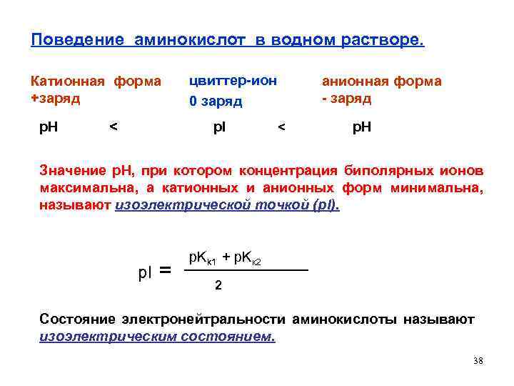 Поведение аминокислот в водном растворе. Катионная форма +заряд цвиттер-ион 0 заряд анионная форма -