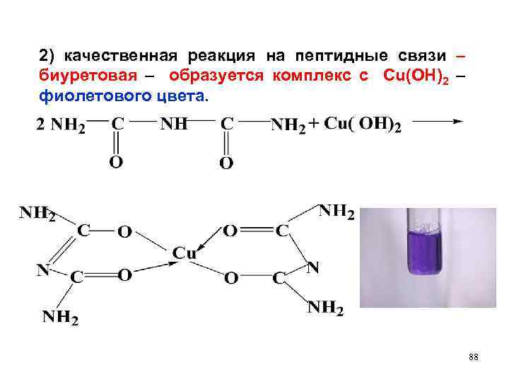 2) качественная реакция на пептидные связи – биуретовая – образуется комплекс с Сu(OH)2 –