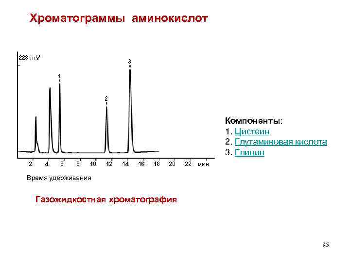 Хроматограммы аминокислот Компоненты: 1. Цистеин 2. Глутаминовая кислота 3. Глицин Время удерживания Газожидкостная хроматография