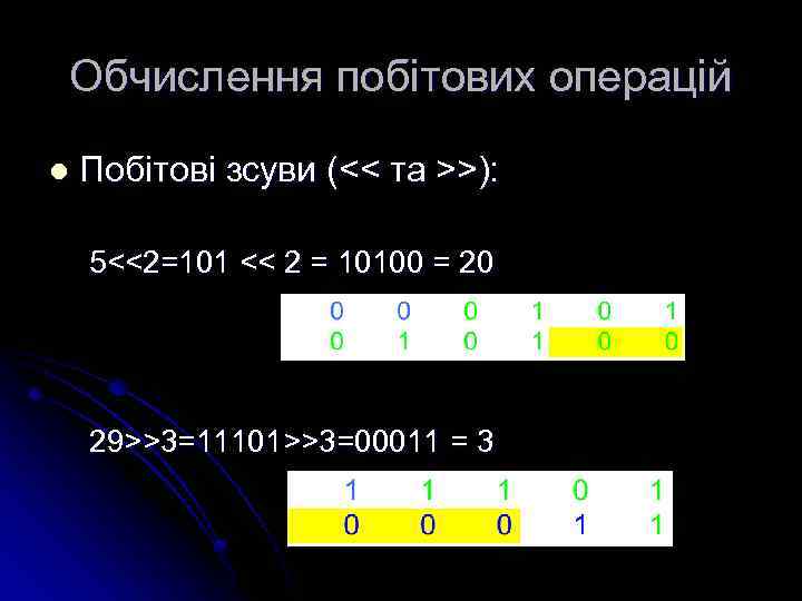 Обчислення побітових операцій l Побітові зсуви (<< та >>): 5<<2=101 << 2 = 10100