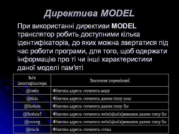 Директива MODEL При використанні директиви MODEL транслятор робить доступними кілька ідентифікаторів, до яких можна