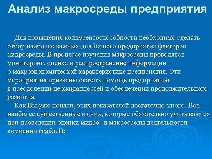  Анализ макросреды предприятия Для повышения конкурентоспособности необходимо сделать отбор наиболее важных для Вашего