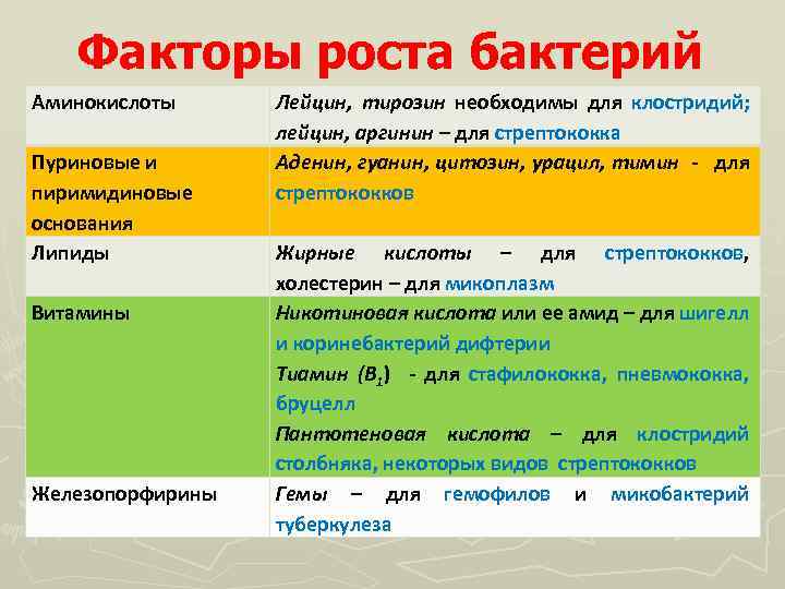 Факторы роста бактерий Аминокислоты Пуриновые и пиримидиновые основания Липиды Витамины Железопорфирины Лейцин, тирозин необходимы