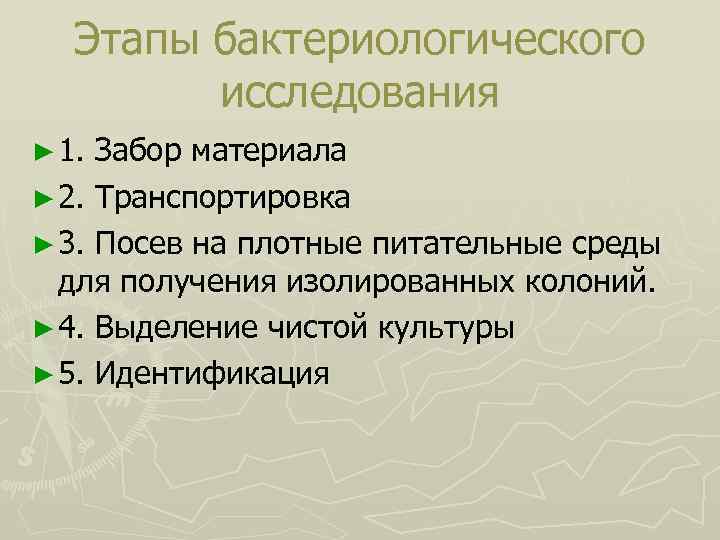 Этапы бактериологического исследования ► 1. Забор материала ► 2. Транспортировка ► 3. Посев на