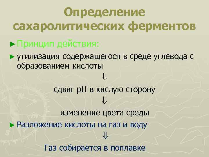 Определение сахаролитических ферментов ► Принцип действия: ► утилизация содержащегося в среде углевода с образованием