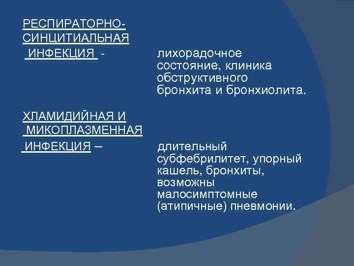 РЕСПИРАТОРНОСИНЦИТИАЛЬНАЯ ИНФЕКЦИЯ - ХЛАМИДИЙНАЯ И МИКОПЛАЗМЕННАЯ ИНФЕКЦИЯ – лихорадочное состояние, клиника обструктивного бронхита и