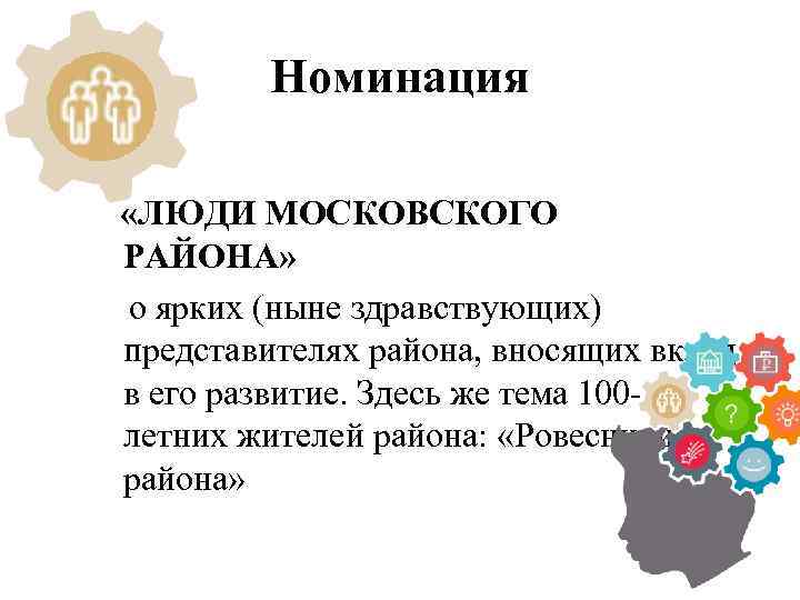 Номинация «ЛЮДИ МОСКОВСКОГО РАЙОНА» о ярких (ныне здравствующих) представителях района, вносящих вклад в его