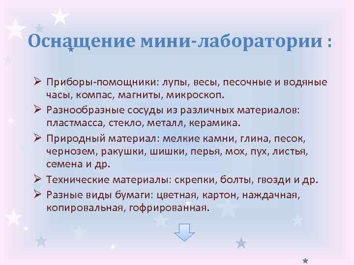 Оснащение мини-лаборатории : Ø Приборы-помощники: лупы, весы, песочные и водяные часы, компас, магниты, микроскоп.