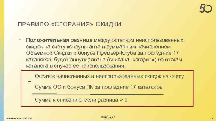 ПРАВИЛО «СГОРАНИЯ» СКИДКИ Положительная разница между остатком неиспользованных скидок на счету консультанта и суммарным