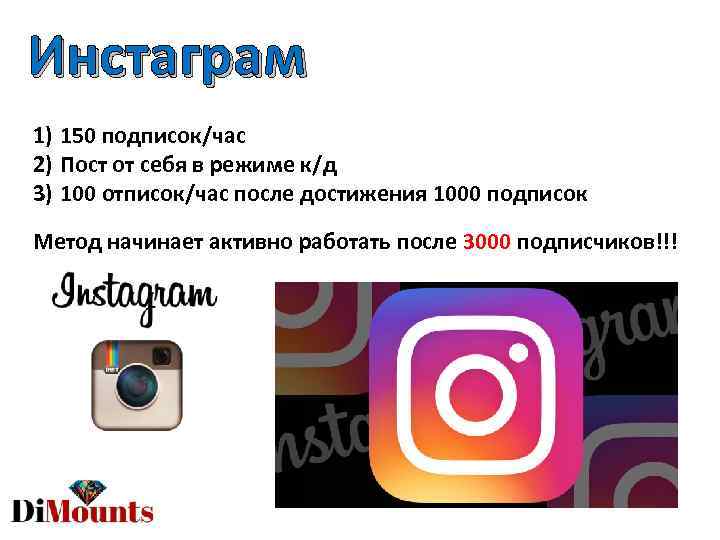 Инстаграм 1) 150 подписок/час 2) Пост от себя в режиме к/д 3) 100 отписок/час