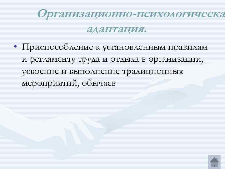 Организационно-психологическая Организационно-психологическа адаптация. • Приспособление к установленным правилам и регламенту труда и отдыха в