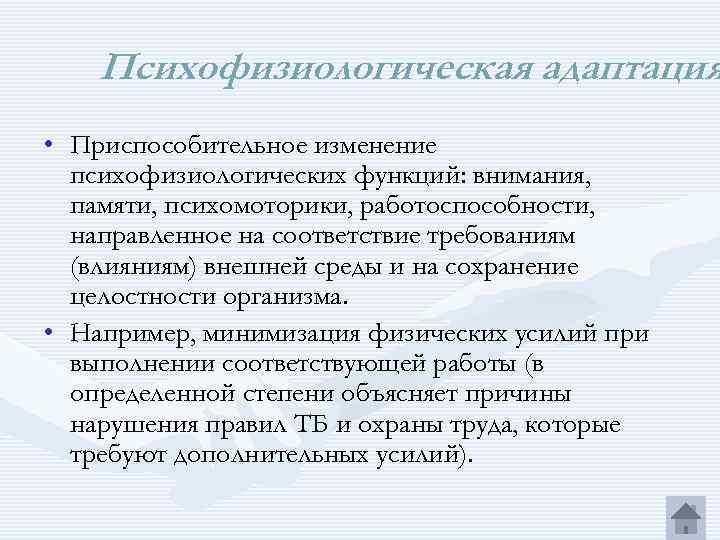 Психофизиологическая адаптация • Приспособительное изменение психофизиологических функций: внимания, памяти, психомоторики, работоспособности, направленное на соответствие