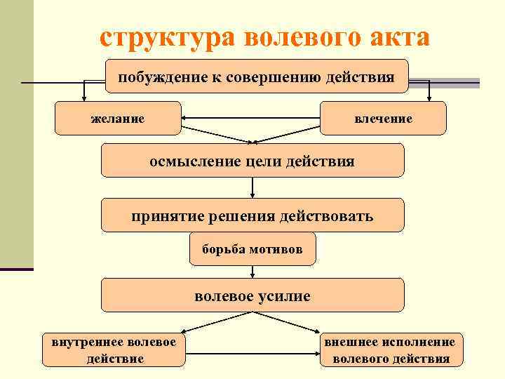 структура волевого акта побуждение к совершению действия желание влечение осмысление цели действия принятие решения