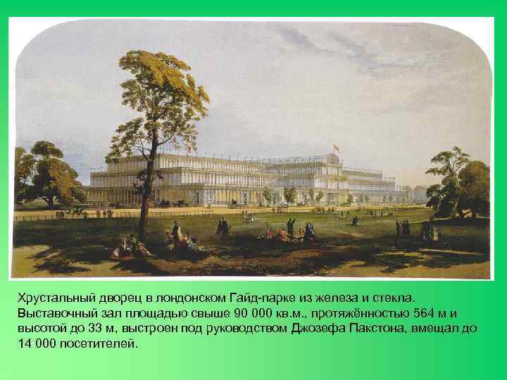 Хрустальный дворец в лондонском Гайд-парке из железа и стекла. Выставочный зал площадью свыше 90