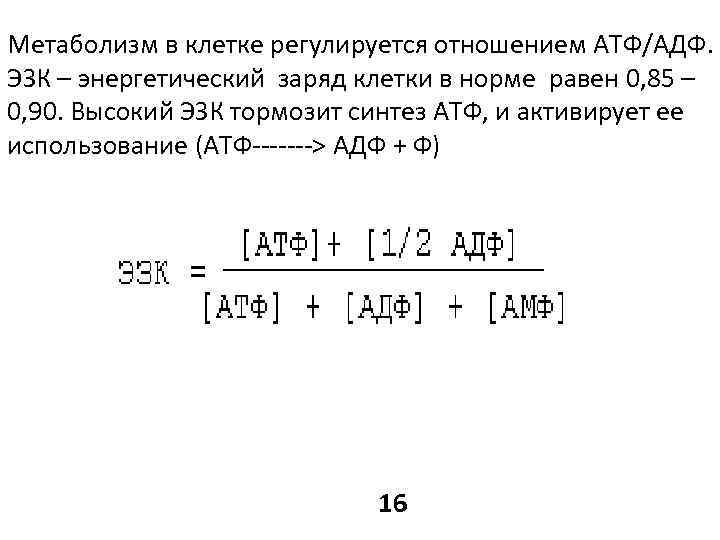 Метаболизм в клетке регулируется отношением АТФ/АДФ. ЭЗК – энергетический заряд клетки в норме равен