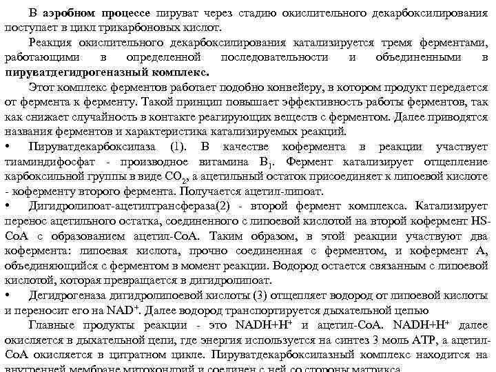 В аэробном процессе пируват через стадию окислительного декарбоксилирования поступает в цикл трикарбоновых кислот. Реакция