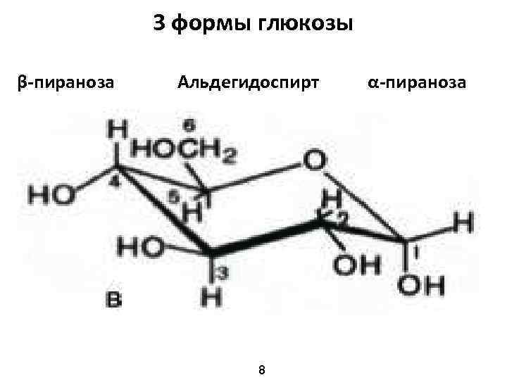3 формы глюкозы β-пираноза Альдегидоспирт 8 α-пираноза 