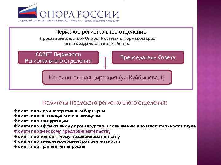 Пермское региональное отделение Представительство «Опоры России» в Пермском крае было создано осенью 2009 года