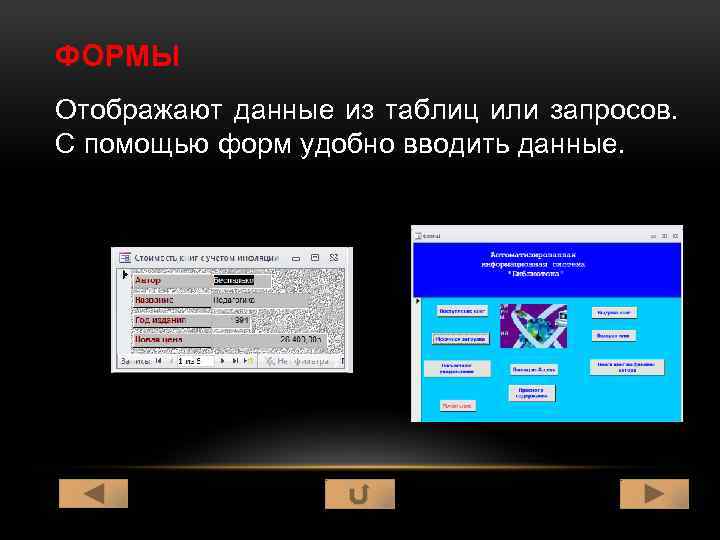 ФОРМЫ Отображают данные из таблиц или запросов. С помощью форм удобно вводить данные. 