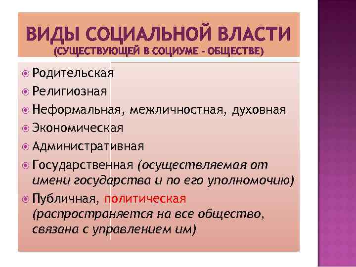 ВИДЫ СОЦИАЛЬНОЙ ВЛАСТИ (СУЩЕСТВУЮЩЕЙ В СОЦИУМЕ - ОБЩЕСТВЕ) Родительская Религиозная Неформальная, межличностная, духовная Экономическая