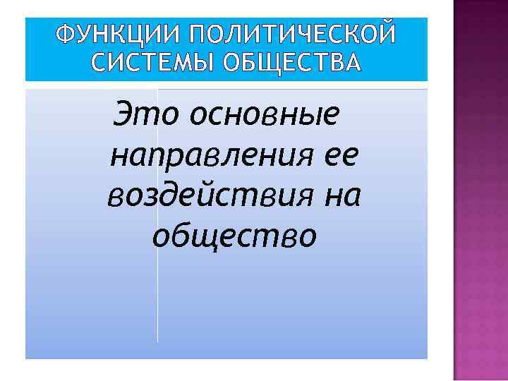 ФУНКЦИИ ПОЛИТИЧЕСКОЙ СИСТЕМЫ ОБЩЕСТВА Это основные направления ее воздействия на общество 