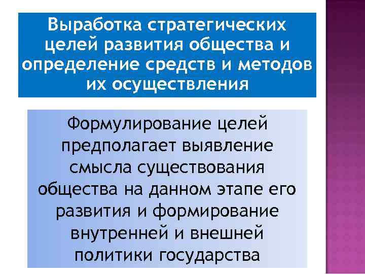 Выработка стратегических целей развития общества и определение средств и методов их осуществления Формулирование целей