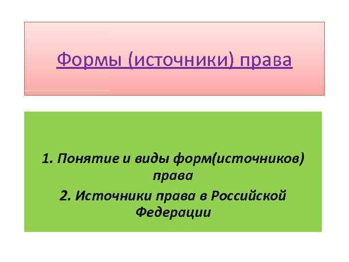 Формы (источники) права 1. Понятие и виды форм(источников) права 2. Источники права в Российской