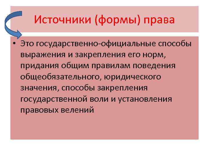 Источники (формы) права • Это государственно-официальные способы выражения и закрепления его норм, придания общим