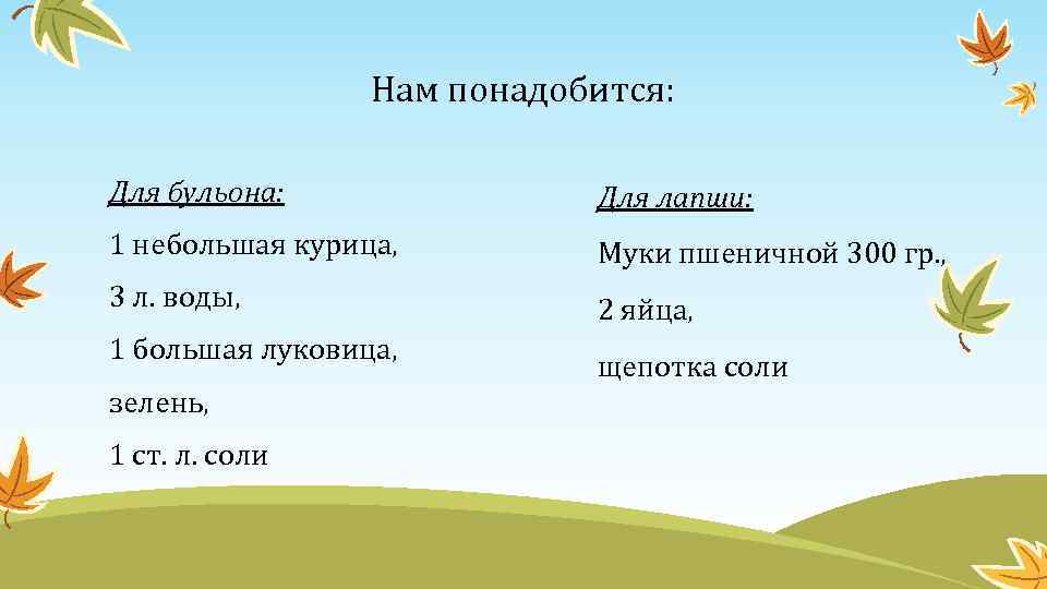 Нам понадобится: Для бульона: Для лапши: 1 небольшая курица, Муки пшеничной 300 гр. ,