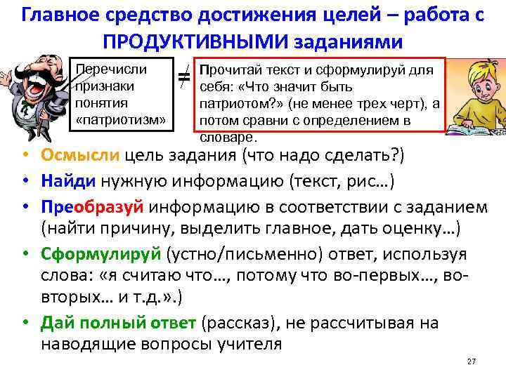 Главное средство достижения целей – работа с ПРОДУКТИВНЫМИ заданиями Перечисли признаки понятия «патриотизм» =