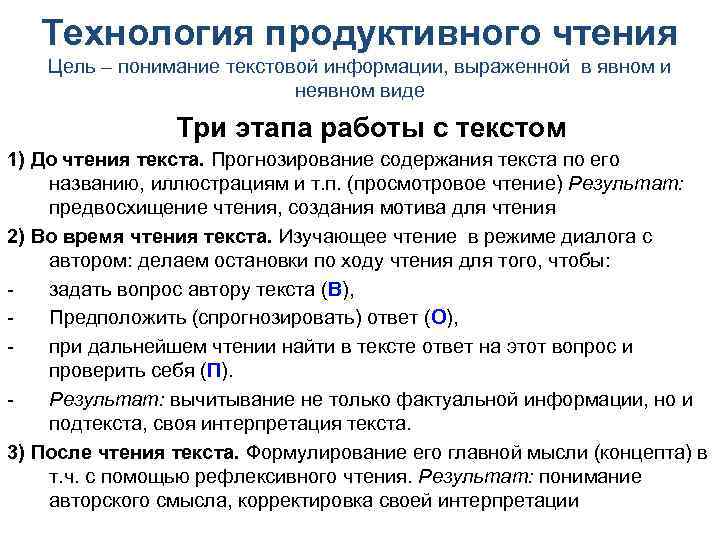 Технология продуктивного чтения Цель – понимание текстовой информации, выраженной в явном и неявном виде