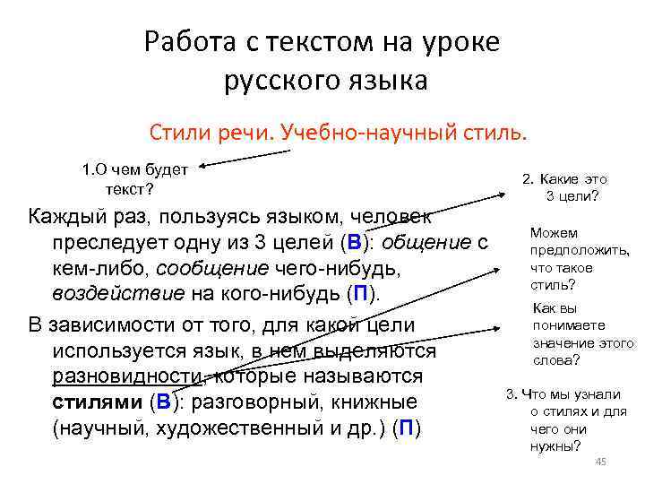 Работа с текстом на уроке русского языка Стили речи. Учебно-научный стиль. 1. О чем