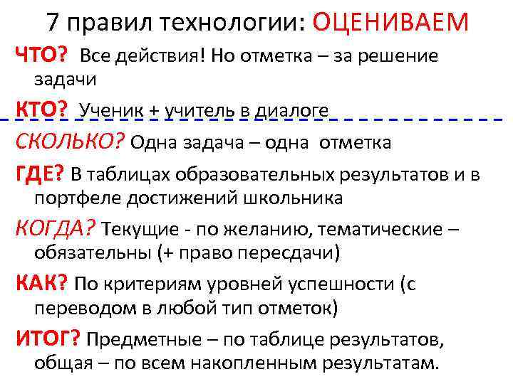 7 правил технологии: ОЦЕНИВАЕМ ЧТО? Все действия! Но отметка – за решение задачи КТО?