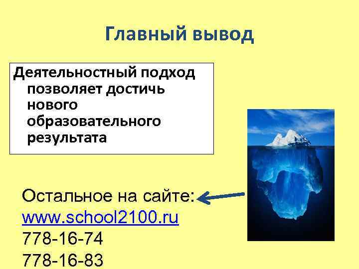 Главный вывод Деятельностный подход позволяет достичь нового образовательного результата Остальное на сайте: www. school
