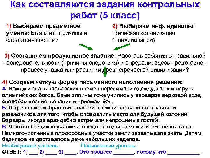 Как составляются задания контрольных работ (5 класс) 1) Выбираем предметное умение: Выявлять причины и