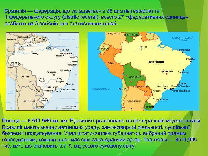 Бразилія — федерація, що складається з 26 штатів (estados) та 1 федерального округу (distrito