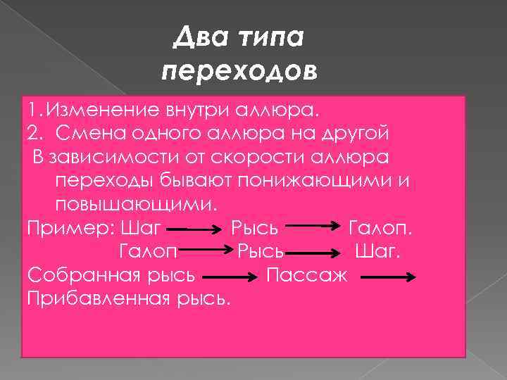 Два типа переходов 1. Изменение внутри аллюра. 2. Смена одного аллюра на другой В