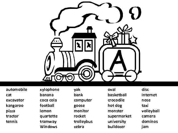 automobile cat excavator kangaroo pizza tractor tennis xylophone banana coca cola football lemon quartette