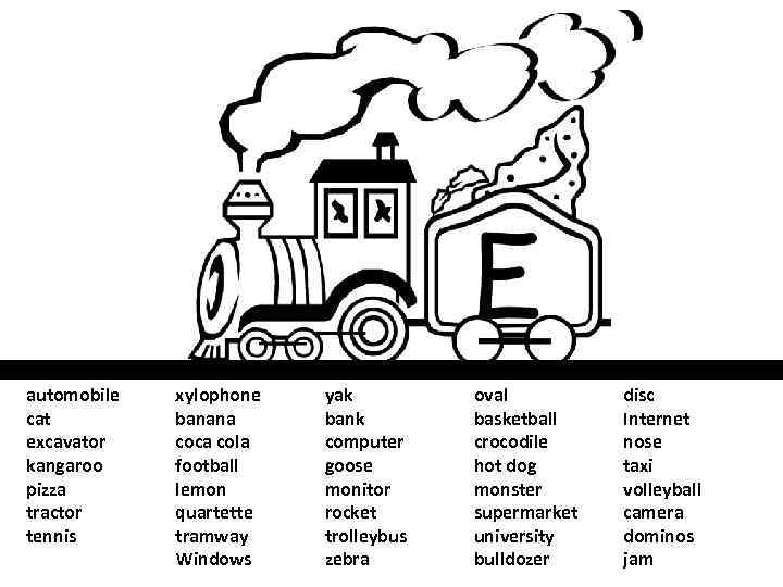 automobile cat excavator kangaroo pizza tractor tennis xylophone banana coca cola football lemon quartette