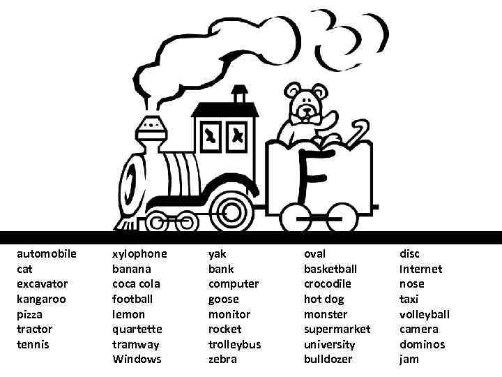 automobile cat excavator kangaroo pizza tractor tennis xylophone banana coca cola football lemon quartette