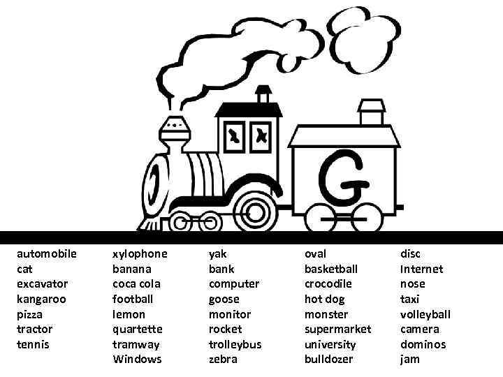 automobile cat excavator kangaroo pizza tractor tennis xylophone banana coca cola football lemon quartette