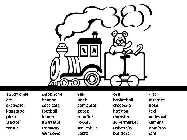 automobile cat excavator kangaroo pizza tractor tennis xylophone banana coca cola football lemon quartette